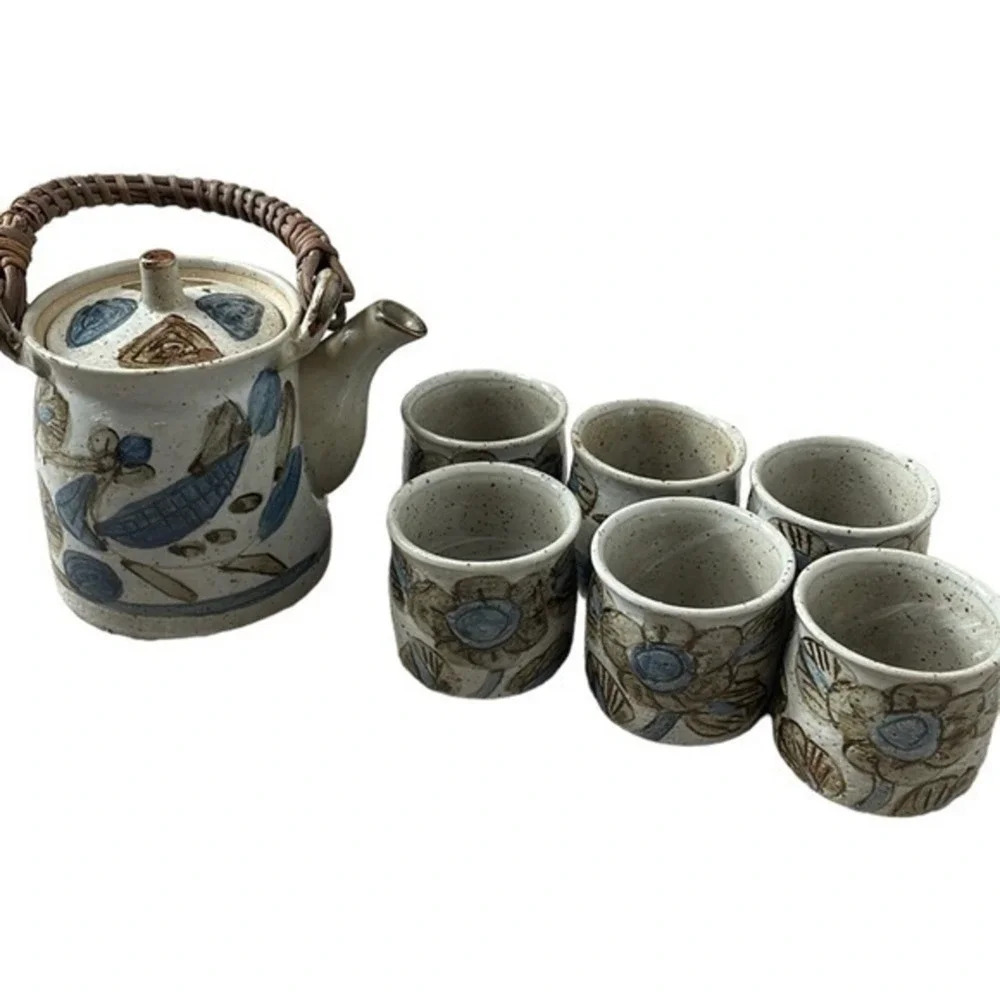 Vintage OMC Japan Stoneware Teapot & 6 Matching Cups